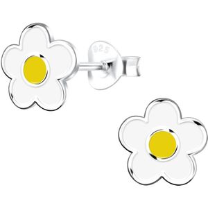 Joy|S - Zilveren witte bloem oorbellen - 8 mm - wit met geel - t32