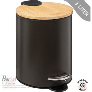 Borvat® - Luxe pedaalemmer - metaal - soft close - prullenbak - 3 L - 17 x 17 x 23 cm - kantoor - slaapkamer - badkamer - toilet - keuken - Zwart / Hout