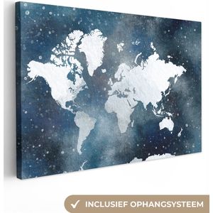 Canvas Wereldkaart - 30x20 - Wanddecoratie Wereldkaart - Sterrenhemel - Waterverf