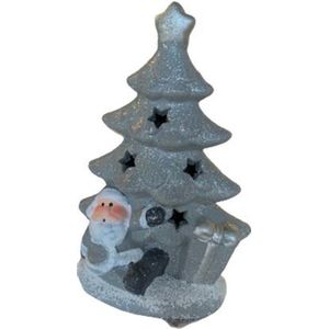 Kerst beeldje met boom en kerstman - LED verlichting - Zilver / Wit - Keramiek - 10 x 7 x 15 cm