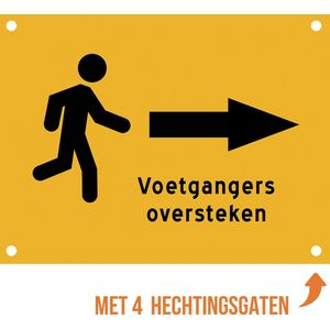 Pictogram/ bord alu di-bond | Voetgangers oversteken - pijl naar rechts | 36 x 27 cm | Met 4 boorgaten | Oranje | Schoolomgeving | Opgelet | Werken aan de weg | Wegomlegging | Kinderen | School | Omleiding | Wegenwerken | Dikte: 3 mm | 1 stuk