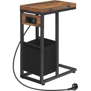 Inklapbare C-vormige Bijzettafel met Laadstation en USB-poorten - Vintage Bruin en Zwart