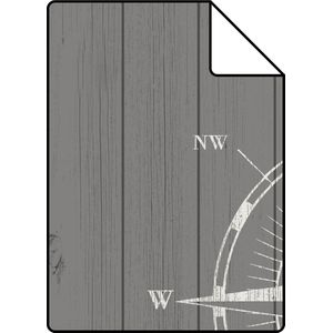 Proefstaal ESTAhome behang kompasroos op sloophout wit en grijs - 138976 - 26,5 x 21 cm