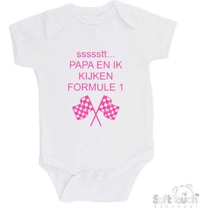 100% katoenen Romper ""ssssstt Papa en ik kijken Formule 1"" Unisex Katoen Wit/roze Maat 68/74