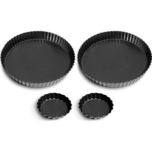Taarteform quiche mould, taartvorm met hefbodem, set van 4 taarten met losse basis, non-stick coating, delious baking (22 x 2 + 10 cm x 2), zwart