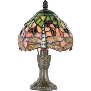 HAES DECO - Tiffany Tafellamp Ø 16x25 cm Groen Bruin Glas Libelle Tiffany Bureaulamp Tiffany Lampen Glas in Lood