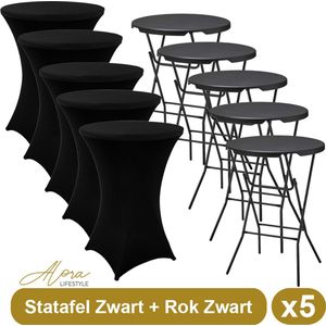 5x Zwarte Statafel + Zwarte Statafelrok x 5 – ø80 cm x 110 cm hoog