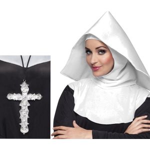 2x stuks nonnen carnaval verkleed setje van hoofdkap kraag en zilveren kruis aan ketting - Verkleedkleding