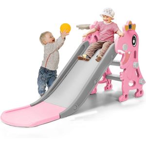 Venori Glijbaan - Glijbaan peuter - Roze Kinderglijbaan - Dino Glijbaan - Met basketbal ring - Klimmen - Peuter/kleuter - Speelgoed - Voor binnen en buiten - Roze - 126x40x66cm