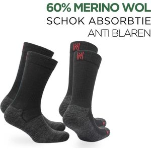 Norfolk - 2 Paar - 60% Merino Wol Sokken - Anti Blaren Wandelsokken met Schok Absorptie - Wollen Sokken - Zwart - Maat 47-50 - Leonardo