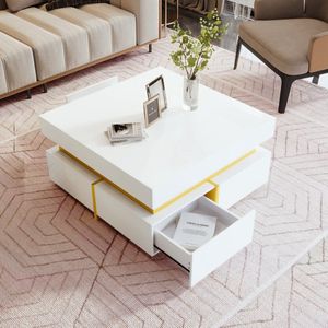 Vierkante salontafel - moderne hoogglans salontafel - bijzettafel met lades en gouden accenten - wit afmeting 70cm
