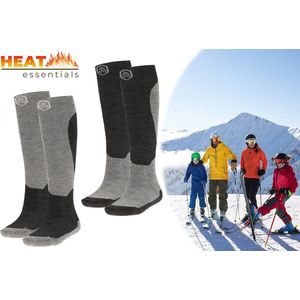 Heat Essentials - Ski Sokken 35 38 - Grijs - 2 Paar - Unisex - Extra Ondersteuning en Demping - Warme Sokken met Wol - Skisokken Heren - Skisokken Dames - Wintersport Sokken - Huissokken - Compressie sokken