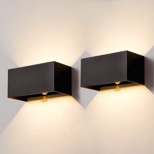 LED Buitenlamp Met Bewegingsmelder - Set Van 2 Up & Down Wandlampen - IP65 Waterdicht - Stijlvolle Zwarte Buitenverlichting