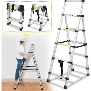 1,4m+1,7m Vouwladder Telescopische ladder A-frame 4 + 5 treden Aluminium ladder Multifunctionele ladder Niet-slip uitschuifbare ladder Trapladder Ladder tot 150 kg belastbaar voor dakreparaties