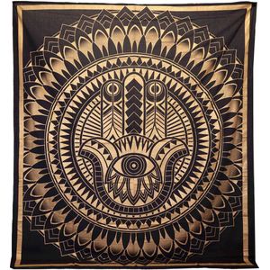 Tweepersoon Katoenen Sprei - Wandkleed - Hamsa - Zwart & Goud - 200cmx230cm - Handgemaakt