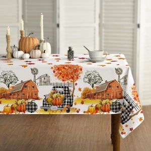 Herfst tafellinnen, 100 x 140 cm, oogstfeest, herfstoogst, vrachtwagen, huis, zwart, geruit tafelkleed voor feest, picknick, diner, decoratie