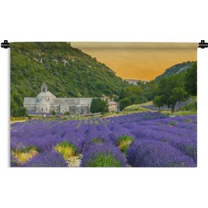 Wandkleed De lavendel - Oranje lucht boven dal van lavendelbloemen Wandkleed katoen 90x60 cm - Wandtapijt met foto