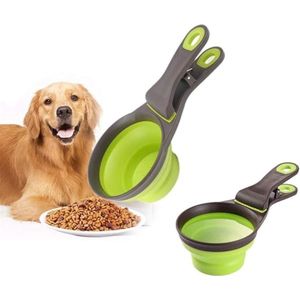 SHOP YOLO-voerbak hond met standaard-Multi-use Pet Food Scoop-3 in 1 opvouwbare-siliconen maatbeker en tas afdichtingsclip