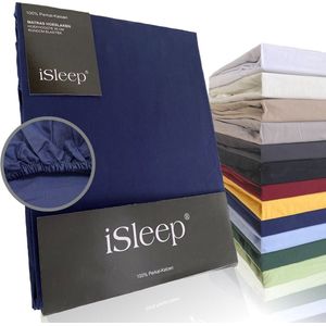iSleep Perkal Hoeslaken - 100% Perkal Katoen - Hoge Hoek - Rondom Elastiek - Tweepersoons - 140x200 cm - Donker Blauw