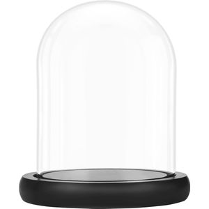 Belle Vous Glazen Stolp Pot met Zwart Houten Basis – 19,5 cm Hoog – Doorzichtig Decoratieve Tafeltop Display Bak met Tray voor Fee Lichten, Kopstukken en Antieke Items