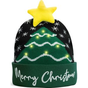 JAP Kerstmuts met lichtjes - 3 verlichting standen - Kerst LED beanie voor volwassenen en kinderen - Kerstboom muts met lampjes - Groen/Zwart