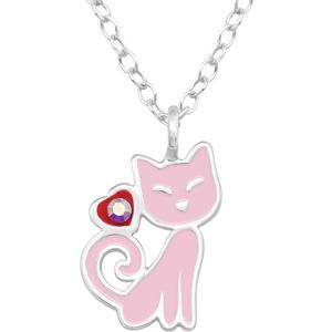Joy|S - Zilveren kat / poes hanger - inclusief ketting 39 cm (extra oogje bij 36 cm) - roze met rood hartje