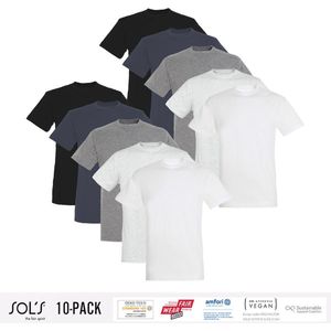 10 Pack Sol's Heren T-Shirt 100% biologisch katoen Ronde hals Wit, Zwart, Grijs, Lichtgrijs, Donkergrijs Maat M
