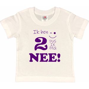 T-shirt Kinderen ""Ik ben 2 dus ik zeg NEE!"" | korte mouw | Wit/paars | maat 86/92