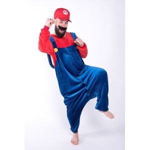 KIMU Onesie Rood Blauwe Overall met Pet - Maat S-M - Pak Kostuum Jumpsuit Huispak Fleece Pyjama Volwassenen Heren Dames Mario Loodgieter Festival