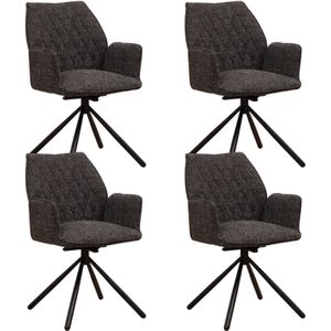 Dimehouse Set van 4 Draaibare Eetkamerstoelen Novan Zwart Chenille – 180° Draaibaar - Stof - Industrieel