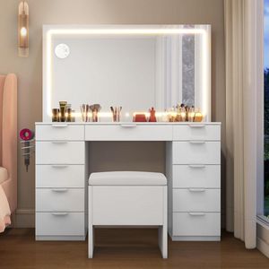 Dressing Table with Adjustable LED Lighting, Sockets, Mirror, 11 Drawers, Stool - White