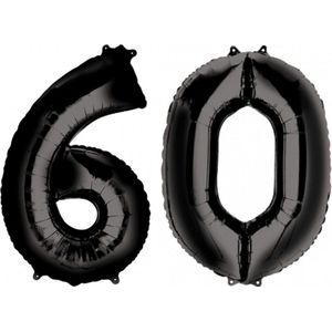 Ballon Cijfer 60 Jaar Zwart Helium Ballonnen Verjaardag Versiering Cijfer Ballon Feest Versiering Met Rietje - 86Cm