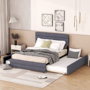 Sweiko 140 x 200 gewatteerd bed, Tweepersoonsbed, Platformbed met Brocheermachine voor twee personen en 2 laden, Grijs