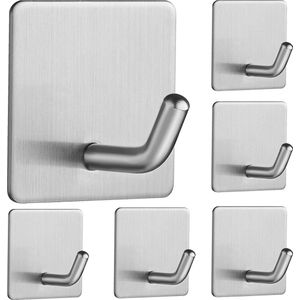 Zelfklevende haken (6 stuks) zonder boren, roestvrij staal, wandhaken, zelfklevende kleefhaken, badkamer en handdoekhouder, keuken, waterdicht, voor keuken en badkamer