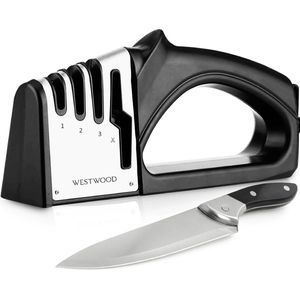 Westwood 4-in-1 Professionele Messenslijper – Anti Slip Knife Sharpener – Doortrekslijper – Aanzetstaal – Schaarslijper en 3-Traps Messen Slijper in één – RVS