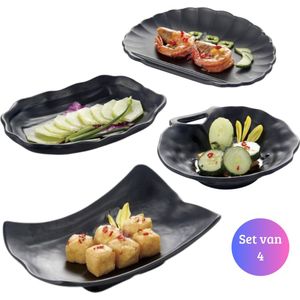 Janse® Sushi servies set van 4 - Sushi schalen zwart - Sushi serveerset - Restaurant serviesset - Keramiek - Sushi borden - Sushi set