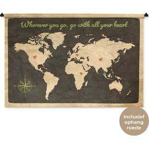 Wandkleed WereldkaartenKerst illustraties - Vintage wereldkaart met de quote Wherever you go go with all your heart en harten Wandkleed katoen 120x80 cm - Wandtapijt met foto