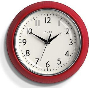 Ronde Retro Wandklok - The Ketchup Round Clock - Makkelijk leesbare cijfers, zwarte wandklok perfect als keukenklok, kantoorklok, woonkamerklok - Retro klok 25cm - Mat rood