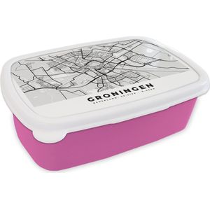 Broodtrommel Roze - Lunchbox - Brooddoos - Kaart - Groningen - Nederland - 18x12x6 cm - Kinderen - Meisje