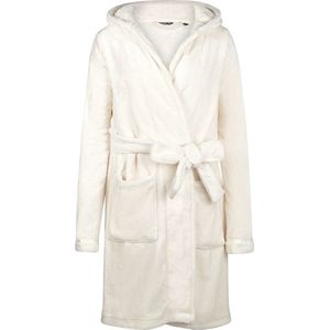 Charlie Choe - Badjas dames - Duster -100 % zachte fleece - Kort Model - Bathrobe - Met capuchon - Trendy ochtendjas - Off White - Maat L