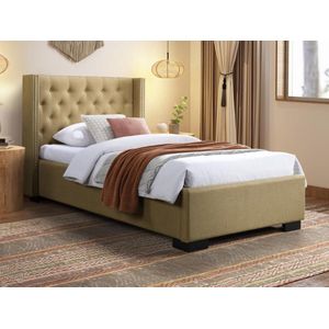 Vente-unique Bed 90 x 200 cm met gecapitonneerd hoofdbord - Stof - Beige - MASSIMO II L 216 cm x H 111.5 cm x D 114 cm