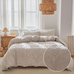 Beddengoed 220 x 240 cm, 3-delig, beige, gettuft bloemen, tak, beddengoedsets, boho-borduurwerk, chic, beddengoed, microvezel, zacht dekbedovertrek met ritssluiting en 2 kussenslopen