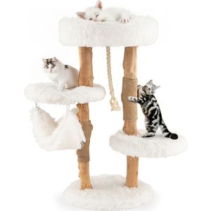 COSTWAY Krabpaal van hout, kattenboom met hangmat en sisaltouw en pluche zitvlakken, kattentoren met krabpalen van jute, massief hout, kattenkrabpaal, klimboom voor katten, wit