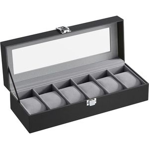 Horlogedoos voor 6 horloges, horlogekast met glazen deksel, horlogekussen van fluweel, horlogekoffer met slot, 11,2 x 30 x 8 cm, cadeau-idee, PU-bekleding in zwart, fluwelen voering in grijs