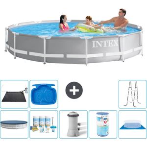 Intex Rond Prism Frame Zwembad - 366 x 76 cm - Grijs - Inclusief Afdekzeil - Onderhoudspakket - Zwembadfilterpomp - Filter - Grondzeil - Solar Mat - Ladder - Voetenbad