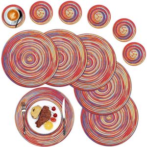 Set van 6 ronde placemats en onderzetters, rond, afwasbaar, gevlochten, ronde placemats met onderzetter, hittebestendig, ronde placemats voor keuken, feest, bruiloft, feest, rood