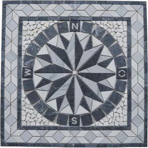 Mozaiek tegel - medallion - windroos - 67 x 67 cm - zwart grijs wit - 051