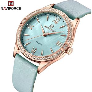 NAVIFORCE horloge met lichtblauwe lederen polsband, lichtblauwe wijzerplaat en rose gouden horlogekast voor dames met stijl ( model 5038 RGLBE )