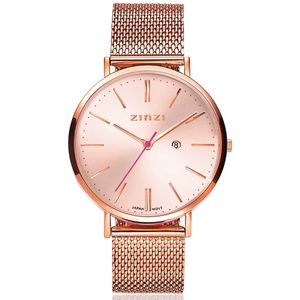 ZINZI Retro horloge roségoudkleurige wijzerplaat en kast stalen mesh band roségoudkleurig 38mm extra dun ZIW405M