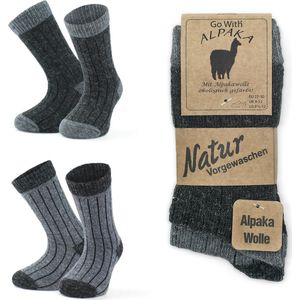GoWith-2 paar-Alpaca Wollen Sokken-Huissokken-Warme Sokken-Thermosokken-Grijs-Antraciet-Maat 23-26